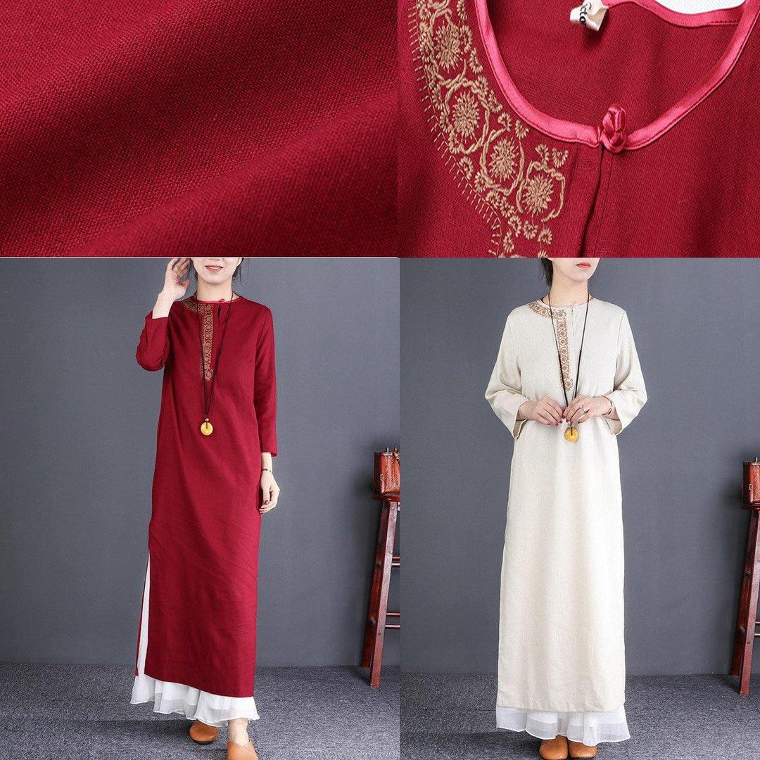 Art burgundy linen Robes Organic Shape o neck side open Plus Size Dress - Omychic