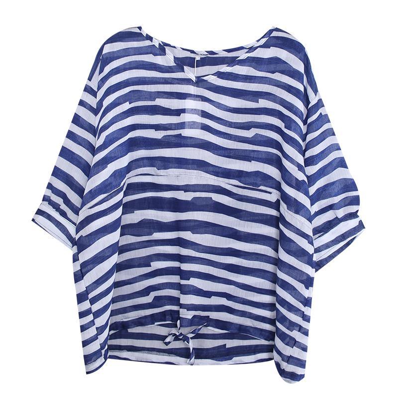 Art drawstring hem cotton clothes Cotton blue striped shirt summer - Omychic