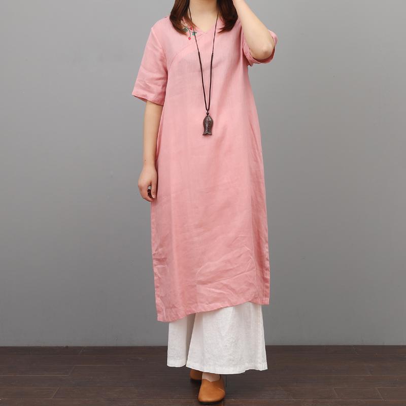 Art embroidery linen dresses Neckline pink Dress summer - Omychic