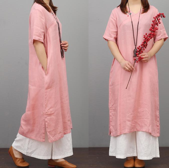 Art embroidery linen dresses Neckline pink Dress summer - Omychic