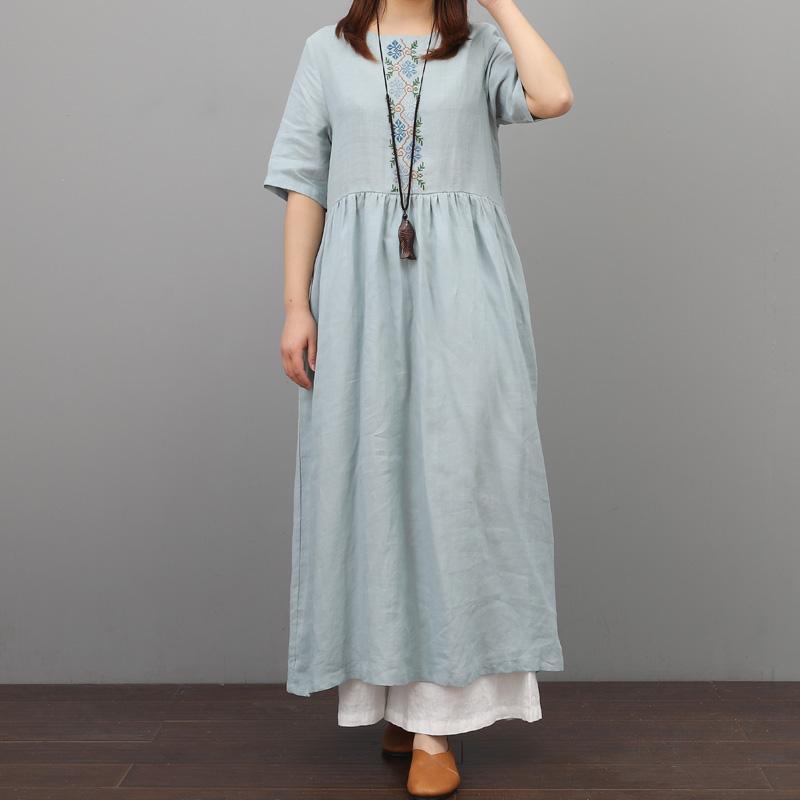 Art embroidery o neck linen clothes For Women Online Shopping light blue Dress wrinkled summer - Omychic
