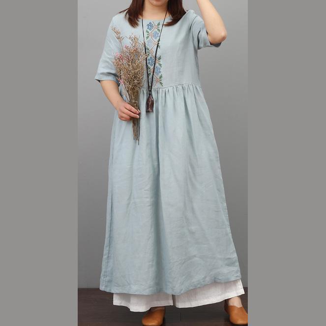 Art embroidery o neck linen clothes For Women Online Shopping light blue Dress wrinkled summer - Omychic