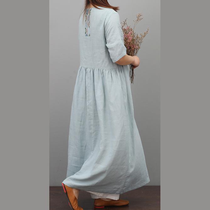 Art embroidery o neck linen clothes For Women Online Shopping light blue Dress wrinkled summer - Omychic