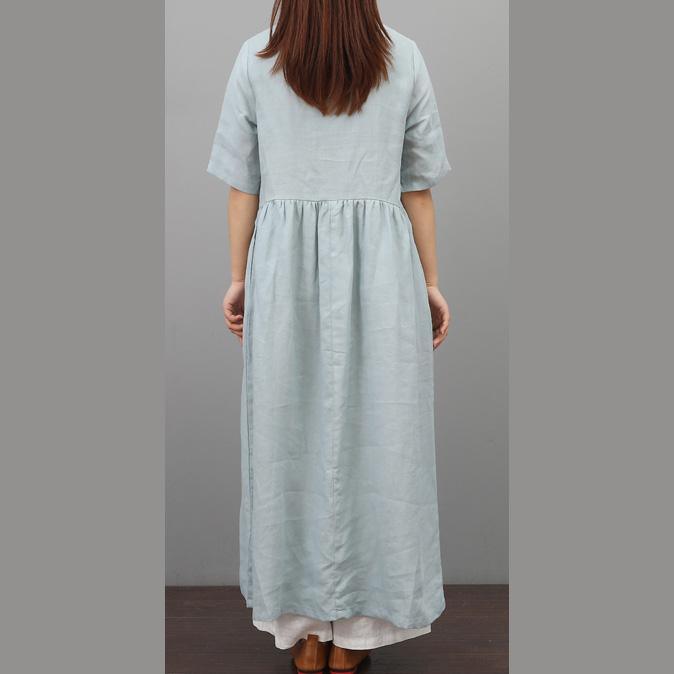 Art embroidery o neck linen clothes For Women Online Shopping light blue Dress wrinkled summer - Omychic