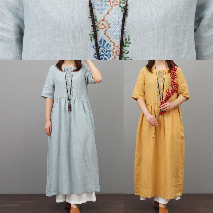 Art embroidery o neck linen clothes For Women Online Shopping light blue Dress wrinkled summer - Omychic