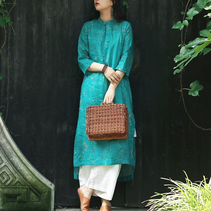 Art green print linen clothes For Women Organic Catwalk stand collar side open daily Summer Dresses - Omychic