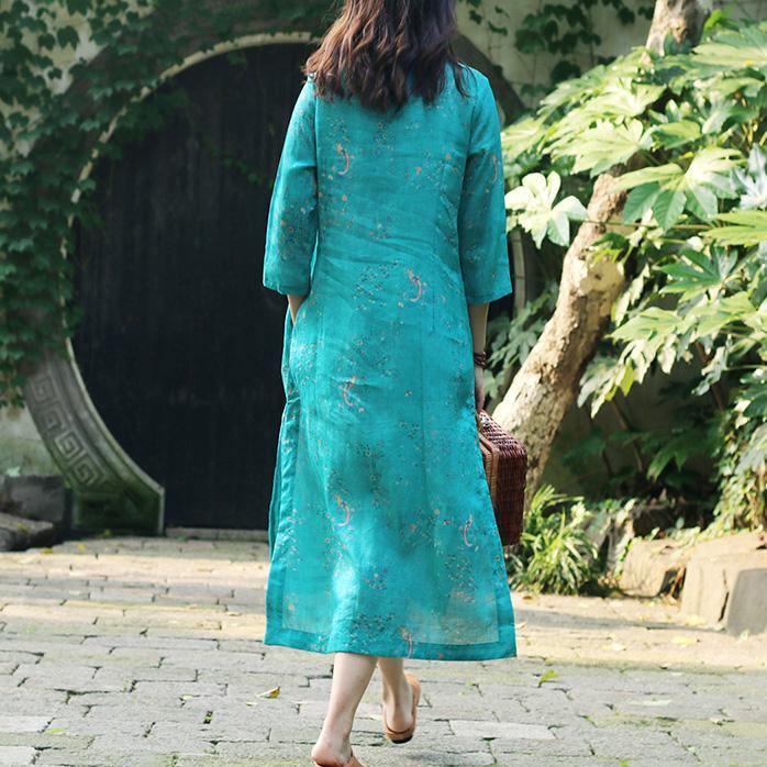 Art green print linen clothes For Women Organic Catwalk stand collar side open daily Summer Dresses - Omychic