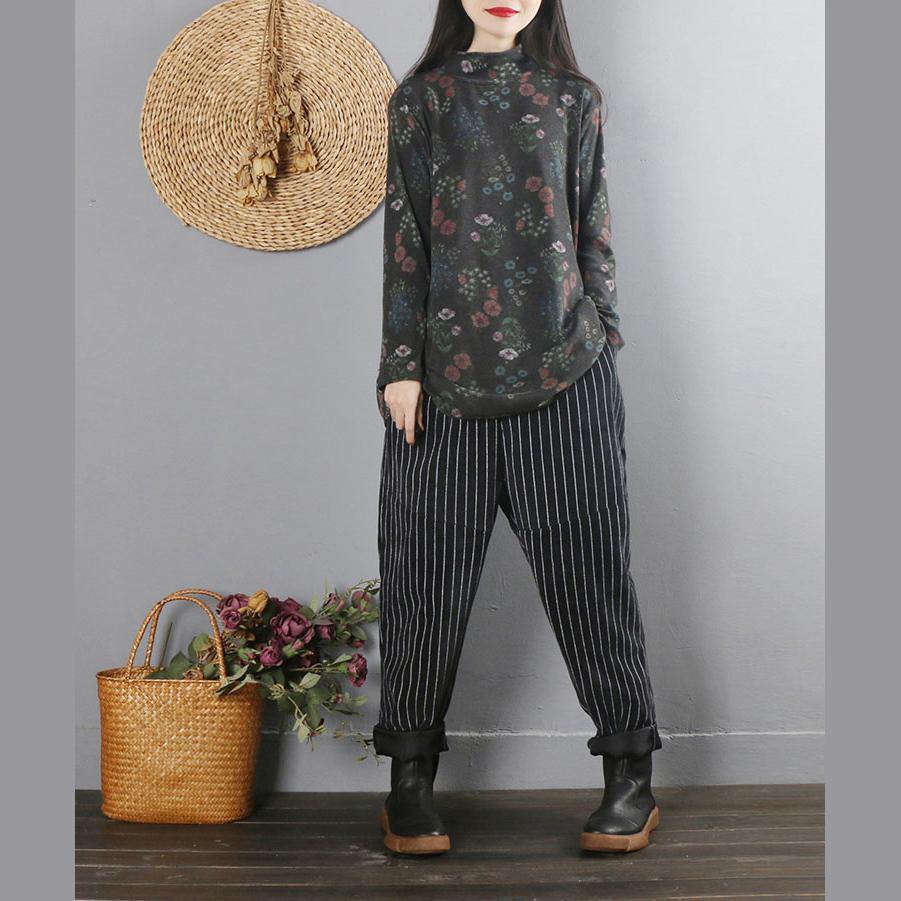 Art high neck cotton fall tunic top Wardrobes black print blouse - Omychic