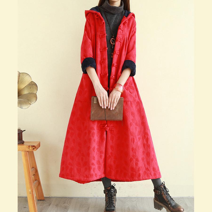 Art hooded Plus Size Chinese Button trench coat red Plus Size Clothing jackets - Omychic