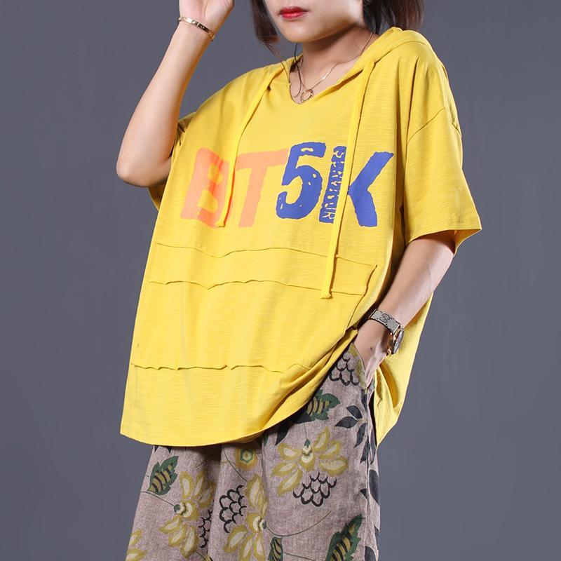 Art hooded cotton tunic pattern Photography yellow top summer - Omychic
