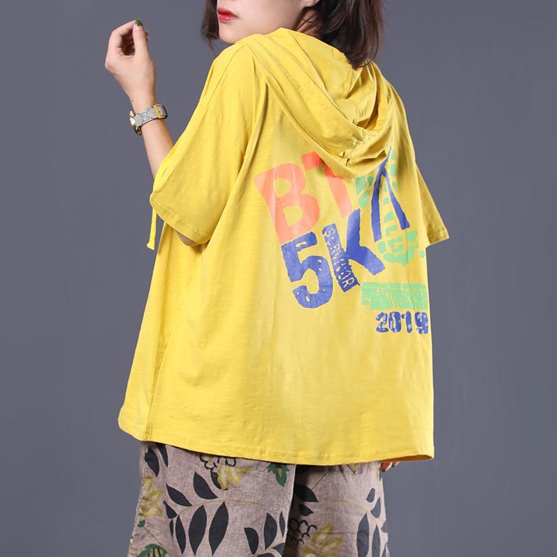 Art hooded cotton tunic pattern Photography yellow top summer - Omychic
