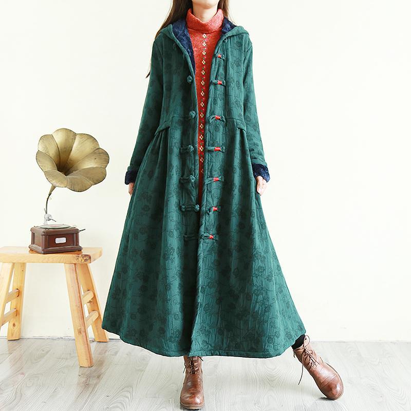 Art hooded top quality winter thick tunic pattern green Plus Size Clothing outwear - Omychic