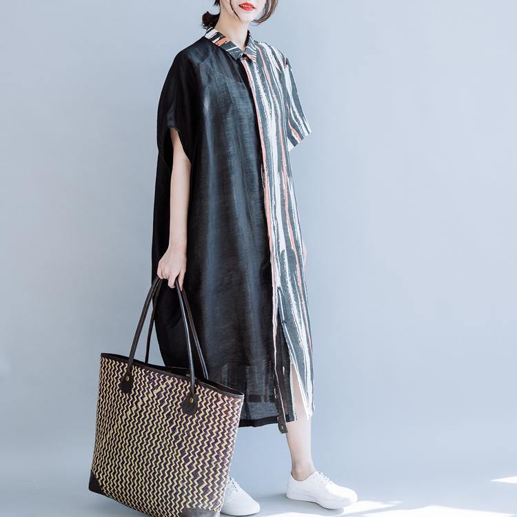 Art lapel patchwork linen clothes For Women design black striped Dress summer - Omychic