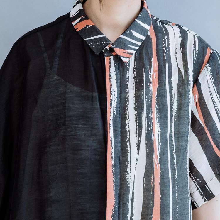 Art lapel patchwork linen clothes For Women design black striped Dress summer - Omychic