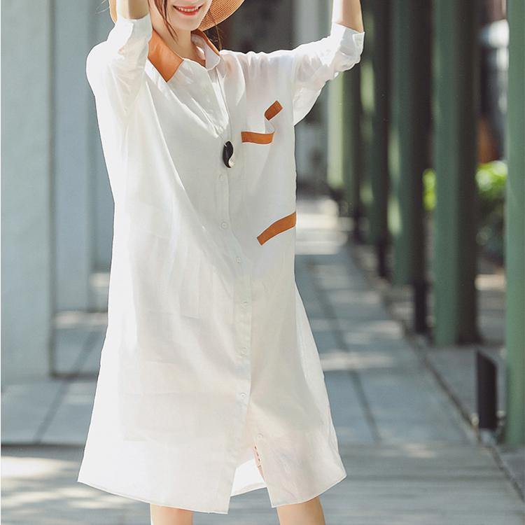 Art lapel patchwork silk linen dresses plus size Fashion Ideas white Knee Dress spring - Omychic