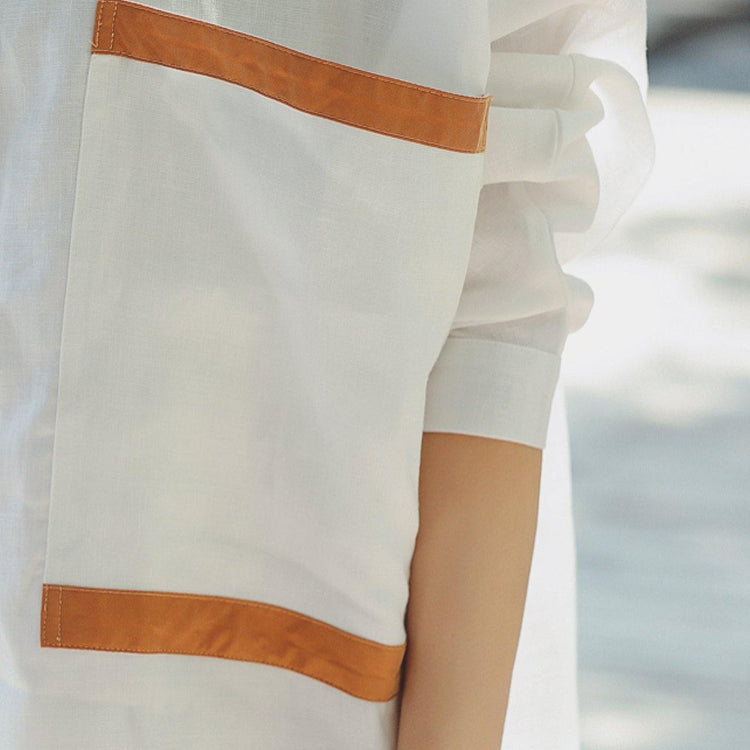Art lapel patchwork silk linen dresses plus size Fashion Ideas white Knee Dress spring - Omychic