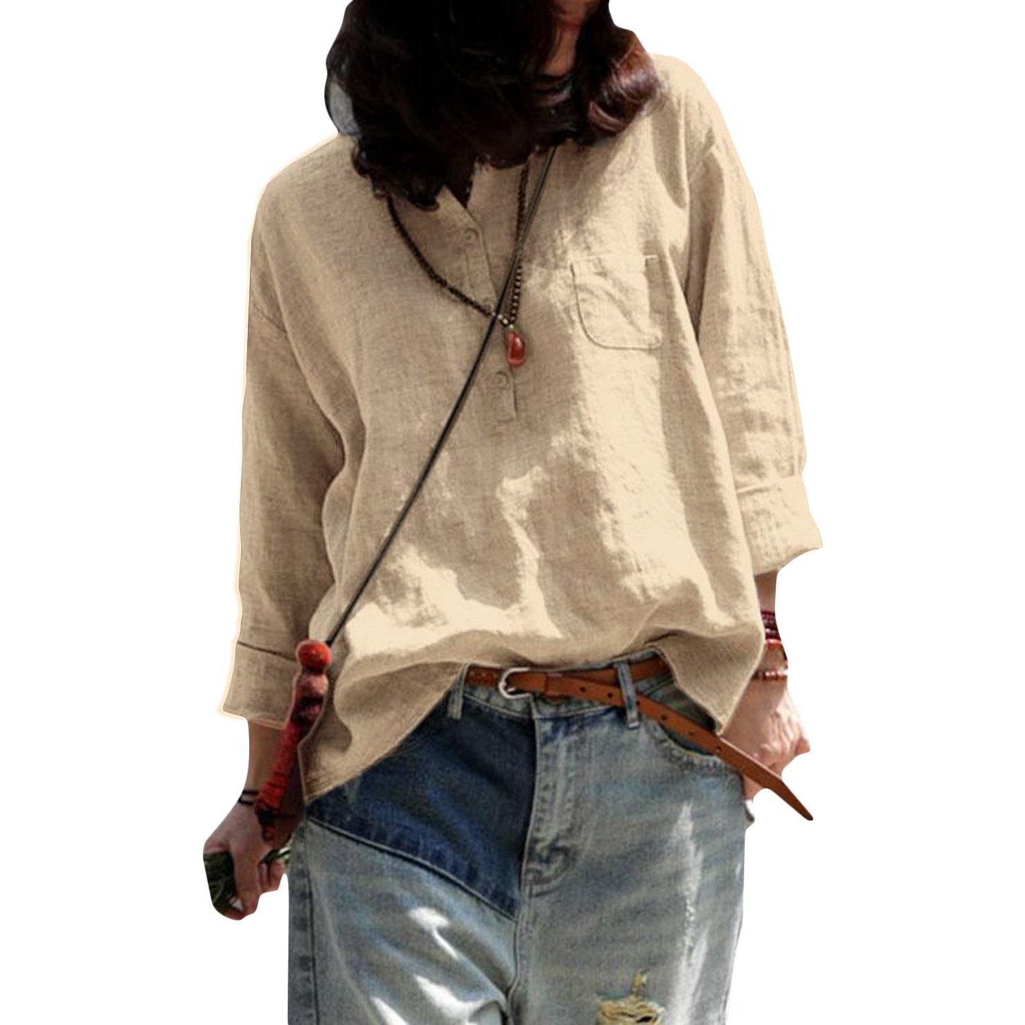 Art linen Blouse boutique Spring Long Sleeve Casual Loose Pullover Beige Shirt - Omychic