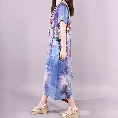 Art linen Robes Fitted Loose Ethnic Style Short Sleeve Printed Dress - Omychic