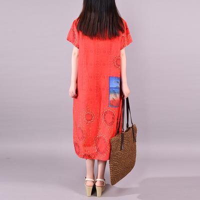 Art linen Robes Fitted Loose Ethnic Style Short Sleeve Printed Dress - Omychic