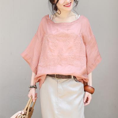 Art linen clothes Fine Women Round Neck Loose Embroidery Blouse - Omychic