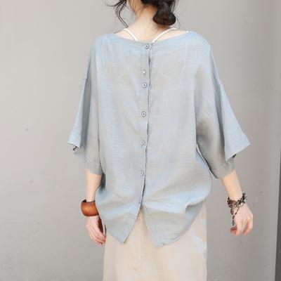 Art linen clothes Fine Women Round Neck Loose Embroidery Blouse - Omychic