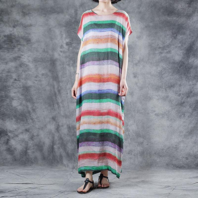 Art multicolor striped linen clothes For Women o neck short sleeve loose summer Dresses - Omychic