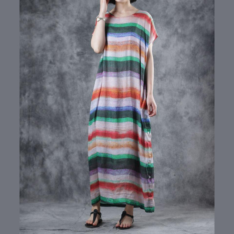 Art multicolor striped linen clothes For Women o neck short sleeve loose summer Dresses - Omychic