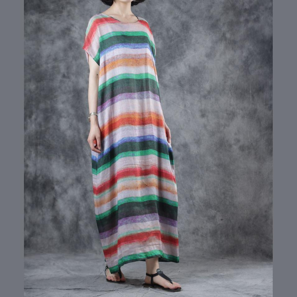 Art multicolor striped linen clothes For Women o neck short sleeve loose summer Dresses - Omychic