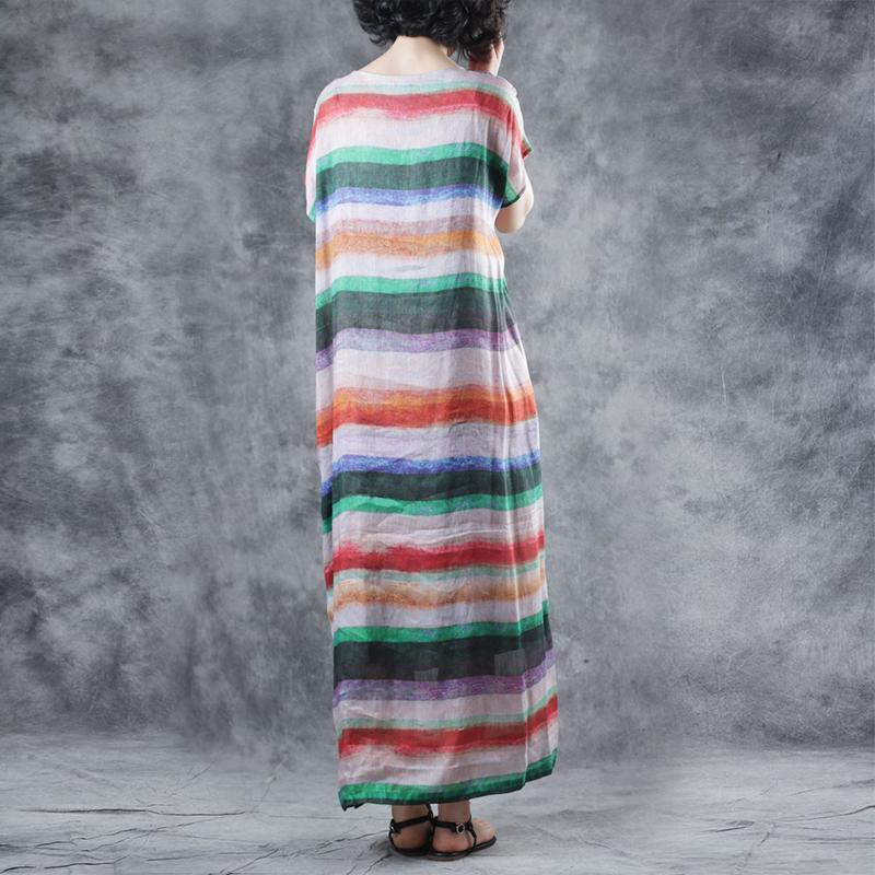 Art multicolor striped linen clothes For Women o neck short sleeve loose summer Dresses - Omychic