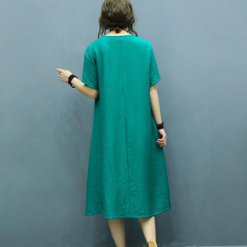 Art o neck Appliques linen dresses green Dress summer - Omychic