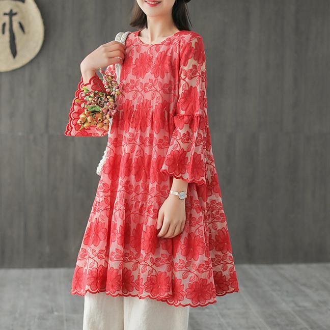 Art o neck embroidery tulle dress red Plaid Dresses summer - Omychic