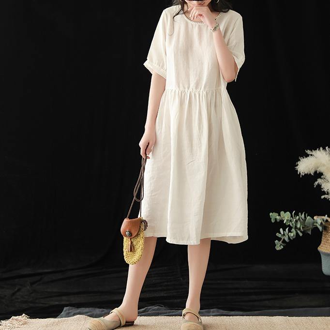 Art o neck half sleeve linen clothes For Women Neckline white Dresses summer - Omychic