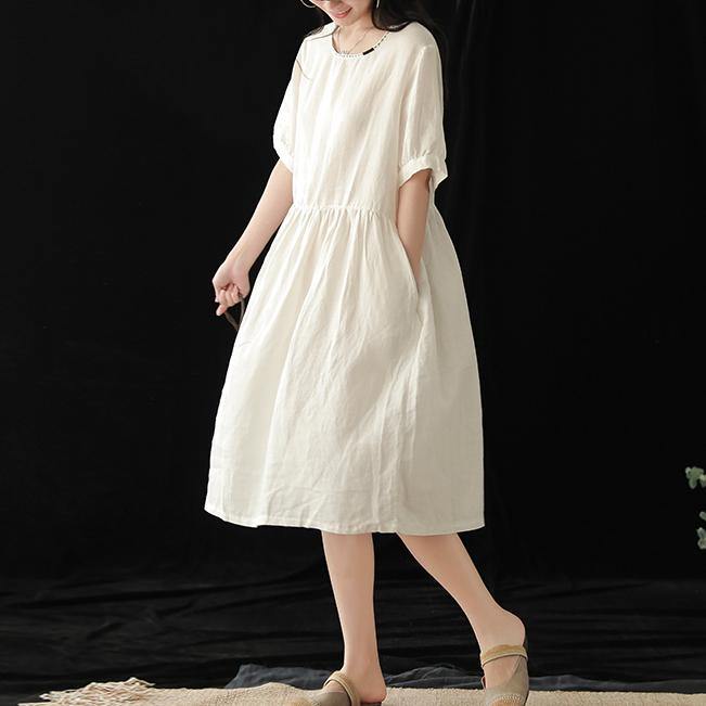 Art o neck half sleeve linen clothes For Women Neckline white Dresses summer - Omychic