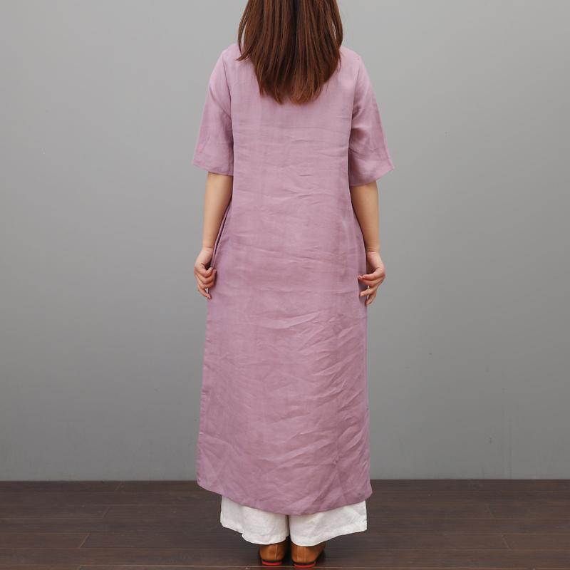Art o neck linen Long Shirts Tutorials purple Dresses summer - Omychic