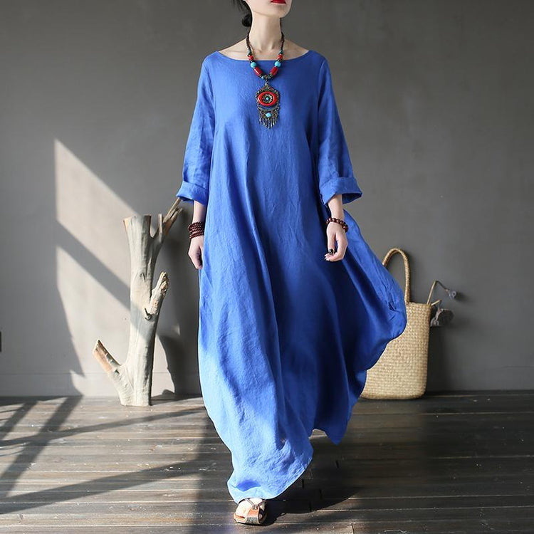 Art o neck linen asymmetric Long Shirts Fabrics blue Dress - Omychic