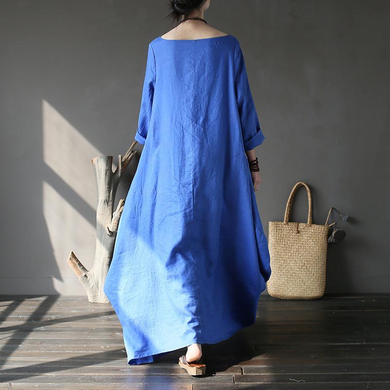 Art o neck linen asymmetric Long Shirts Fabrics blue Dress - Omychic