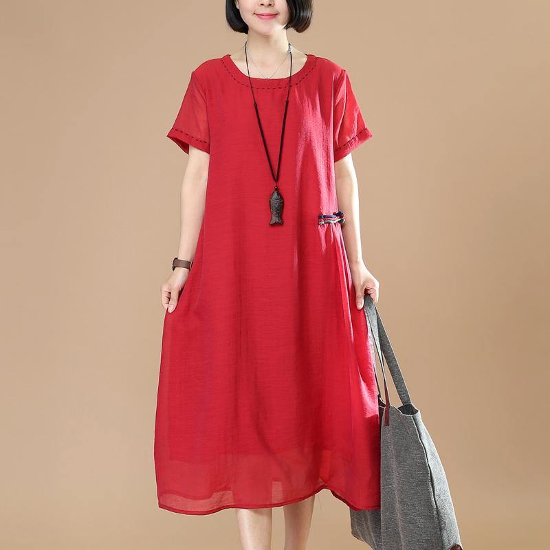 Art o neck linen dresses Inspiration red layered Dresses summer - Omychic
