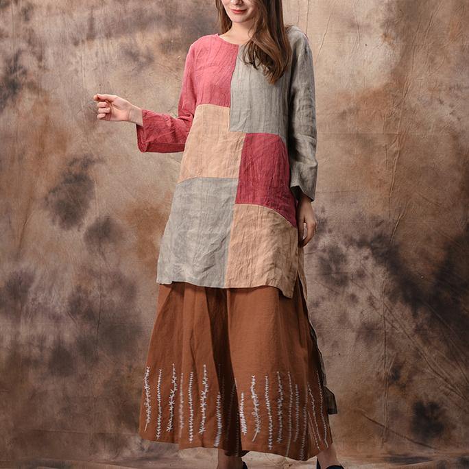 Art o neck patchwork linen cotton clothes For Women plus size Inspiration red Plaid short top Summer - Omychic