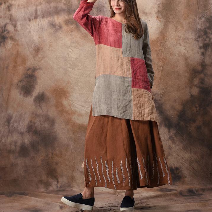 Art o neck patchwork linen cotton clothes For Women plus size Inspiration red Plaid short top Summer - Omychic