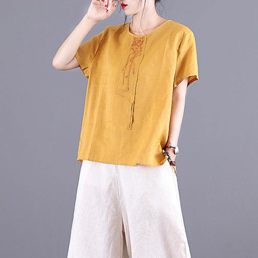 Art o neck patchwork linen shirts women Photography yellow embroidery tops summer - Omychic