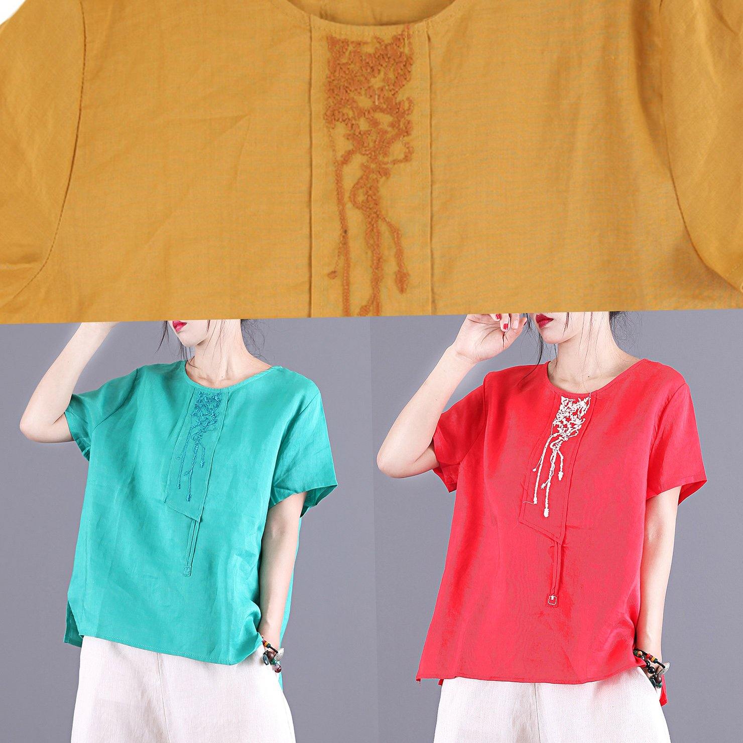 Art o neck patchwork linen shirts women Photography yellow embroidery tops summer - Omychic