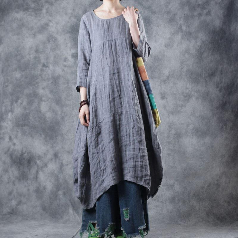 Art o neck pockets linen clothes For Women Work Outfits gray Dresses fall - Omychic