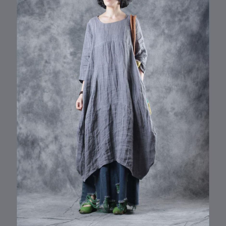 Art o neck pockets linen clothes For Women Work Outfits gray Dresses fall - Omychic