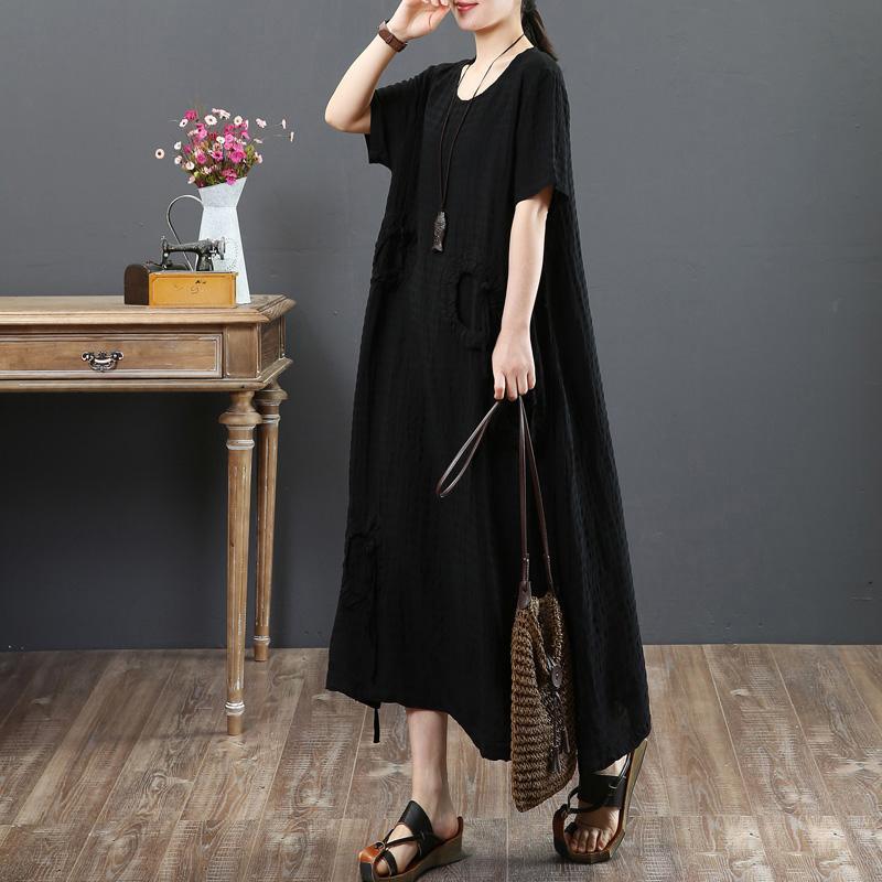 Art o neck side open linen clothes Vintage Work Outfits black long Dress Summer - Omychic