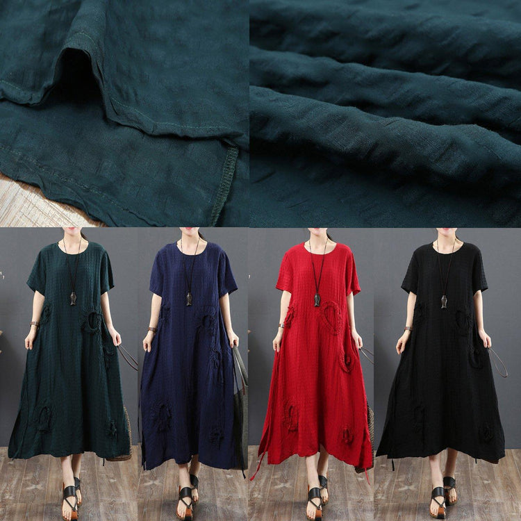 Art o neck side open linen clothes Vintage Work Outfits black long Dress Summer - Omychic