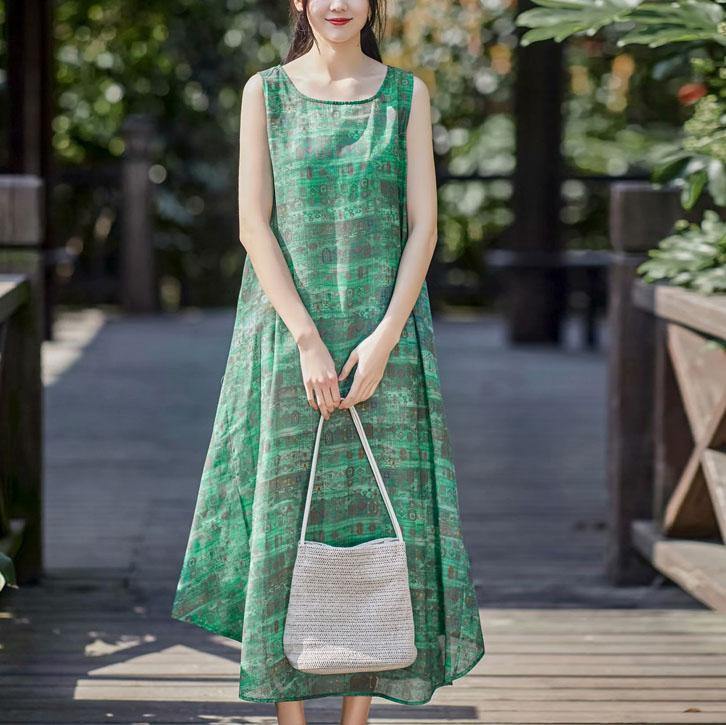 Art o neck sleeveless linen clothes Fashion Ideas green print Dress summer - Omychic