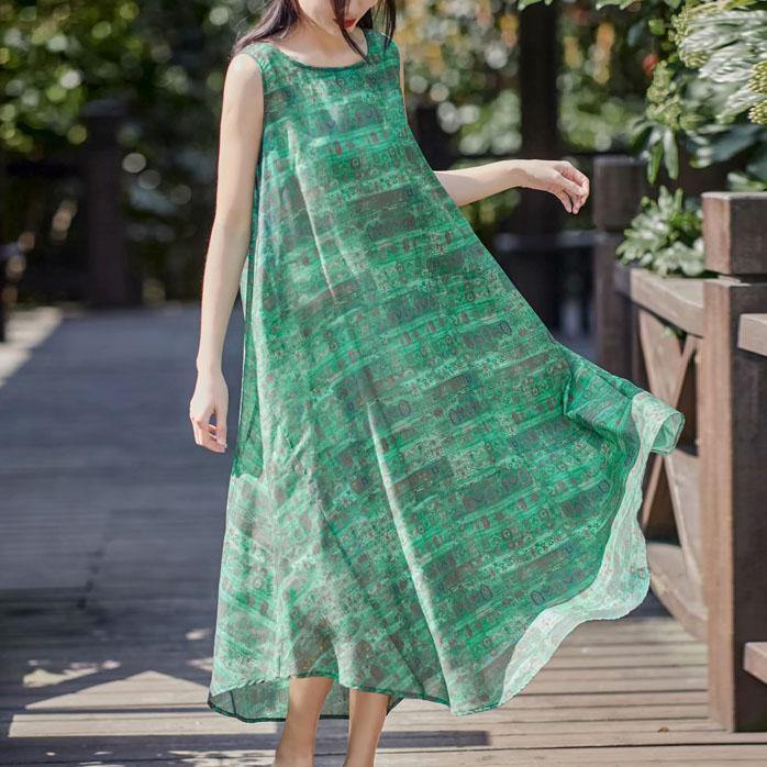Art o neck sleeveless linen clothes Fashion Ideas green print Dress summer - Omychic
