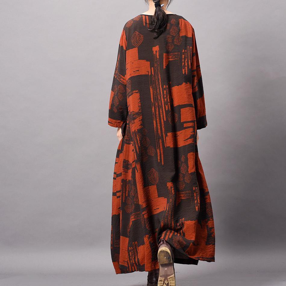 Art orange chocolate chiffon Robes Metropolitan Museum o neck pockets Vestidos De Lino spring Dress - Omychic