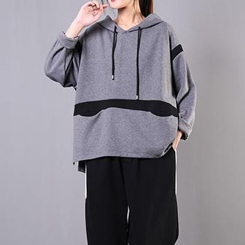 Art patchwork hooded cotton Shirts Shape gray blouses - Omychic