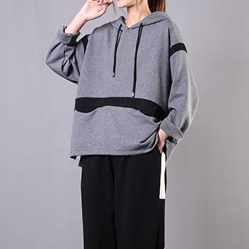 Art patchwork hooded cotton Shirts Shape gray blouses - Omychic